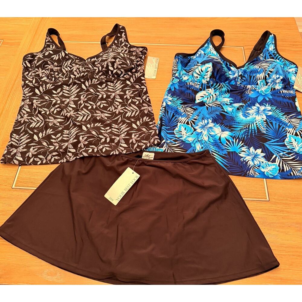 Women’s Swimsuit 20W - 2 Tops / 1 Skirt Black Blue Floral 3 pieces New